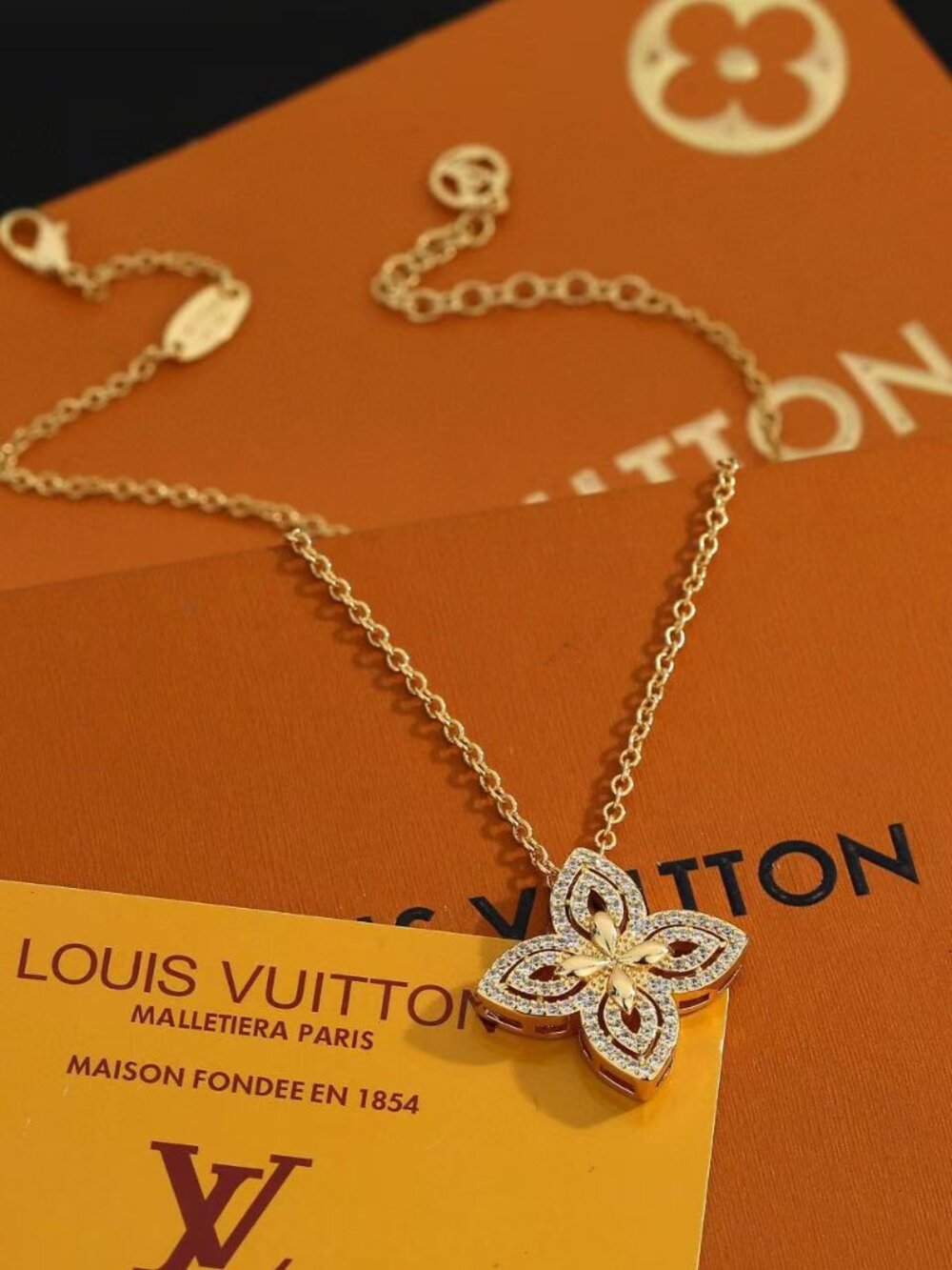 Louis Vuitton Gold-Tone Flower Pendant Necklace with Crystal Embellishments